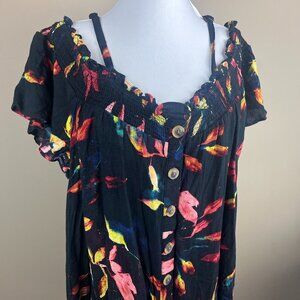 Torrid Short Sleeve Blouse Size 12 (Torrid 0) Black Pink Yellow, Floral Print